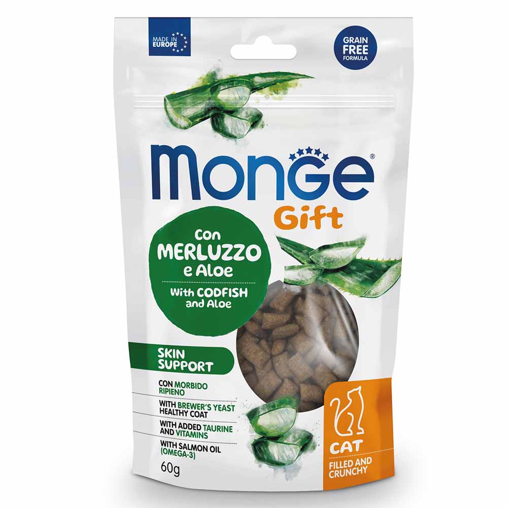 Alimento gatto Monge Gift cat Filled and Crunchy skin support merluzzo e aloe 60g