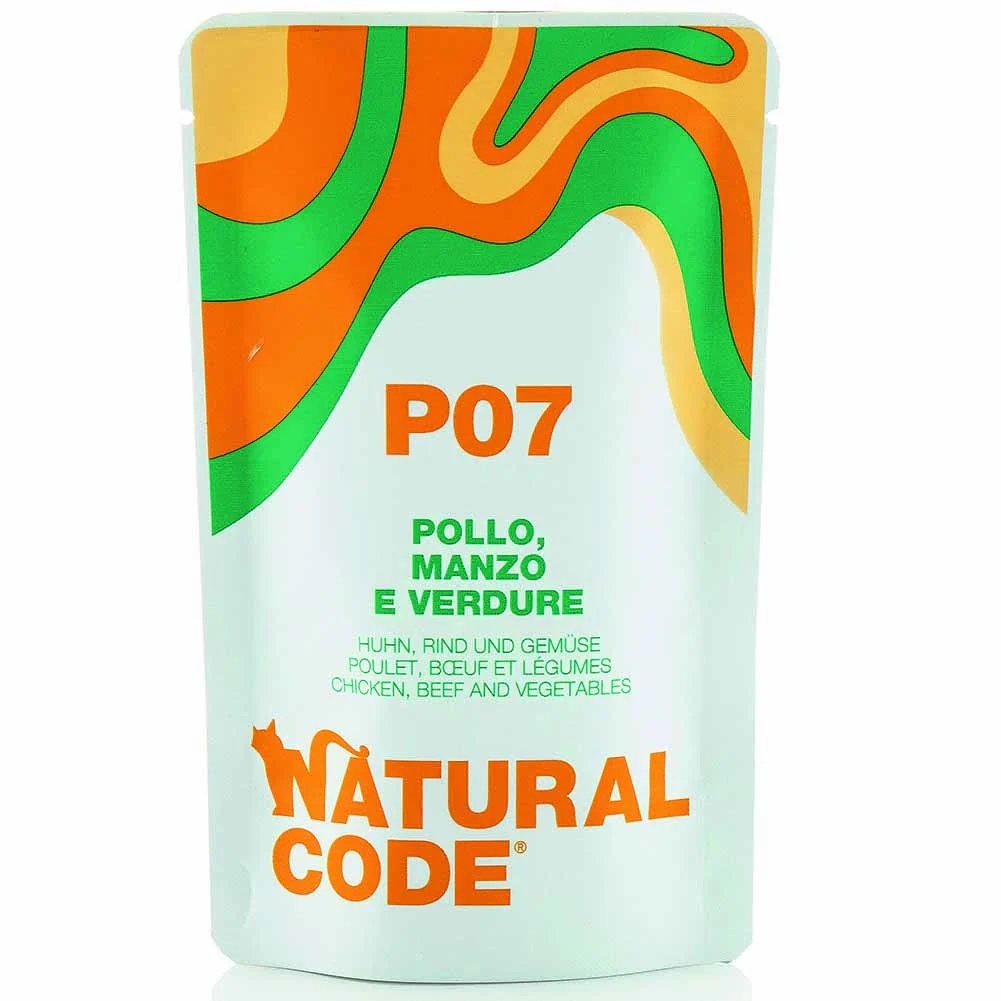 Busta Natural Code P07 Pollo Manzo e Verdure Alimento Umido per Gatti in Gelatina 70g